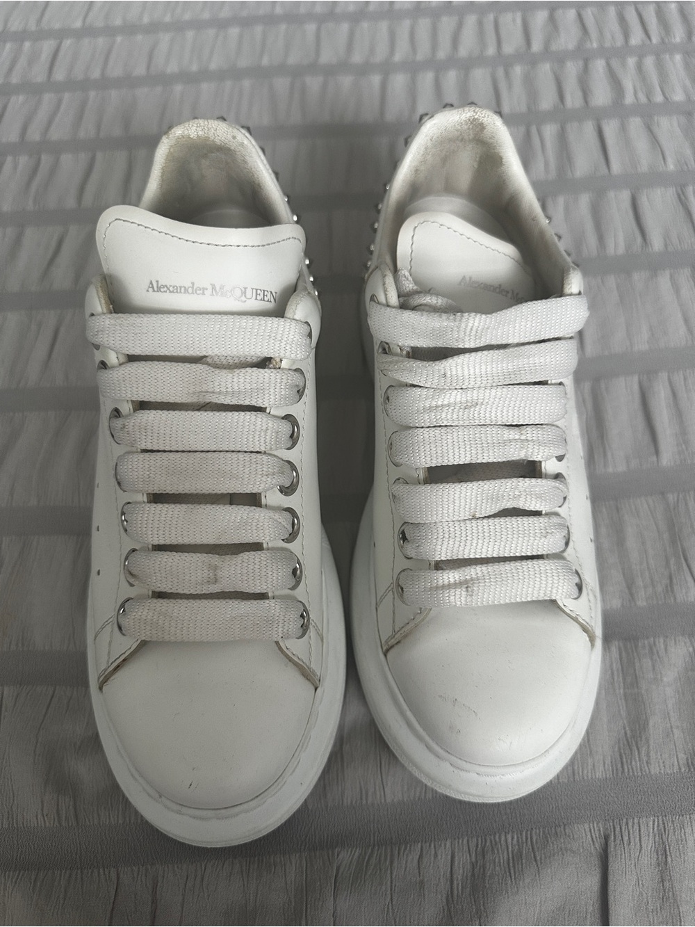 Alexander McQueen White Leather Platform Sneakers with Silver Stud Details